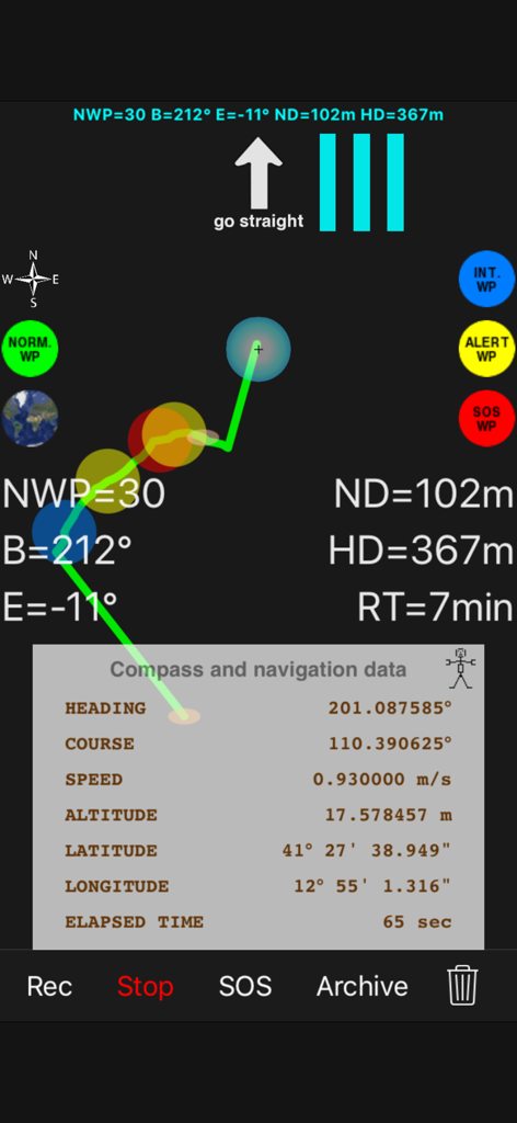 pathRecorder - come back - High-contrast technical navigation interface showing real-time GPS data and a recorded breadcrumb path with waypoints.