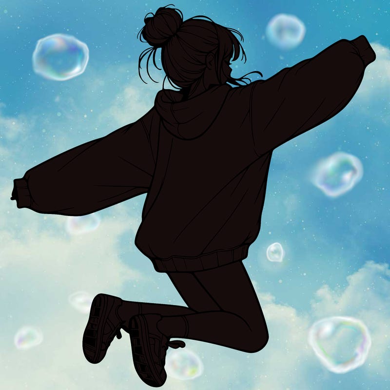 realistic girl jumping with a bun and oversized sweatshirt