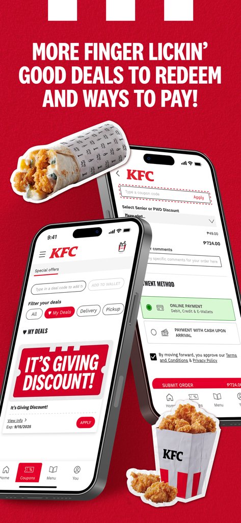 KFC Philippines - Pantallas de la app móvil KFC Filipinas que muestran ofertas especiales y varios métodos de pago