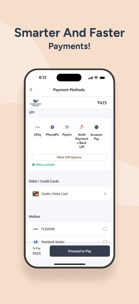 Third Wave Coffee app payment methods screen showing various UPI and digital wallet options