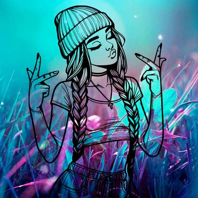 realistic teenage girl with braids and a beanie and crop top doing 🫶🏼