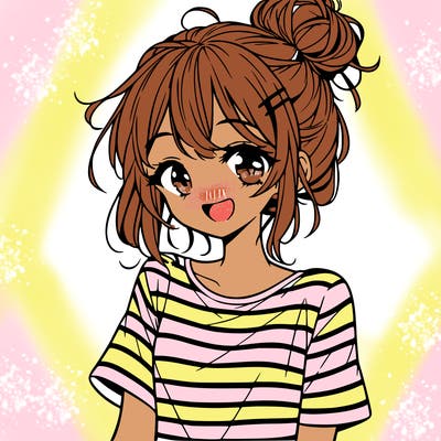 anime girl teenager striped shirt and smile and messy bun