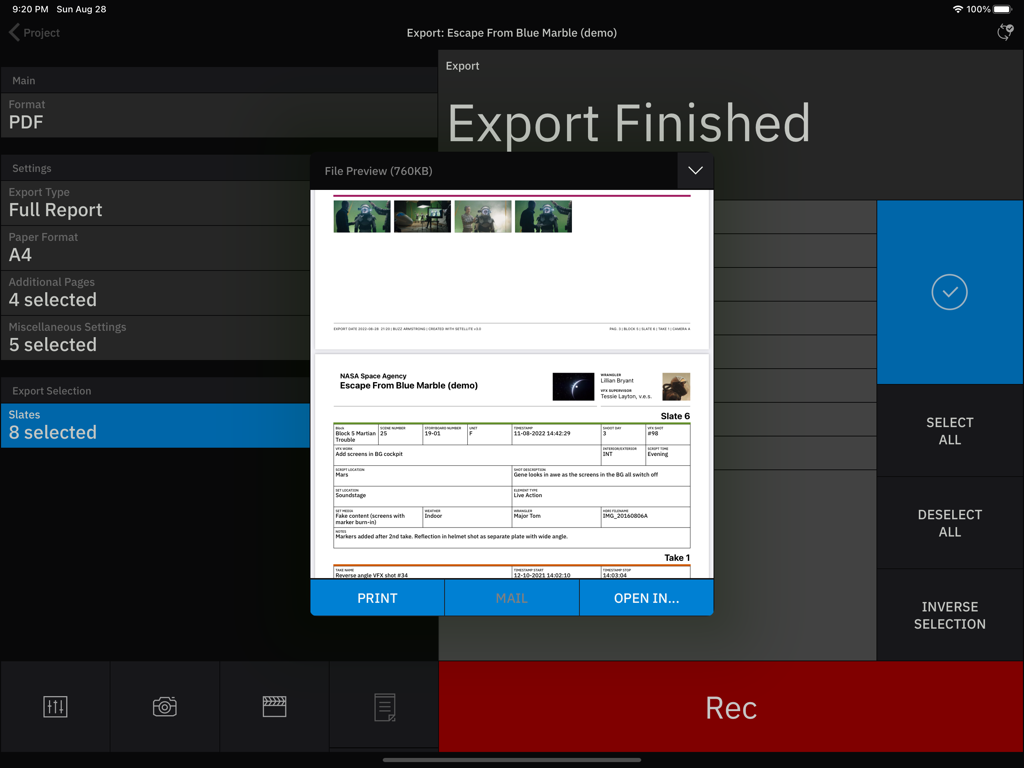 Setellite - The Setellite iPad app displaying a finished export message and a PDF preview of a VFX shot data report.