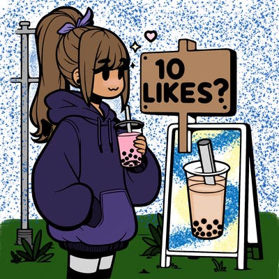 girl with oversized hoodie drinking boba and she has a high ponytail with a sign that says 10likes?