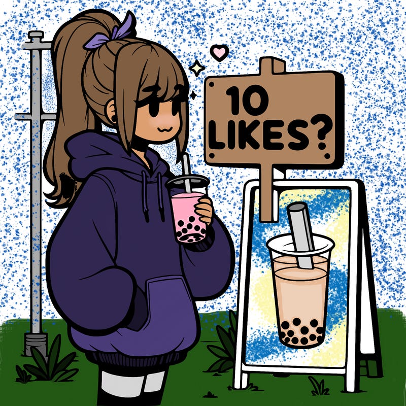 girl with oversized hoodie drinking boba and she has a high ponytail with a sign that says 10likes?