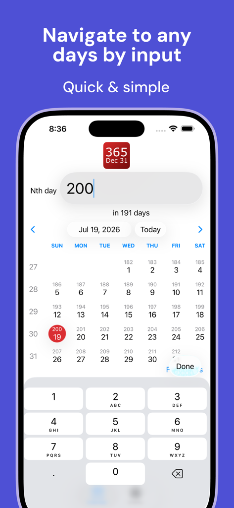 Uno screenshot dell'app Calendario 365 Giorni che mostra l'interfaccia per navigare a un giorno specifico dell'anno inserendo un numero di giorno N.