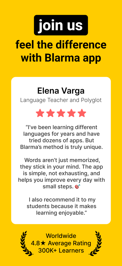 Vocabulary learning app Blarma - 언어 교사인 Elena Varga의 Blarma 어휘 학습 앱 후기, 별 5개 평점 표시.