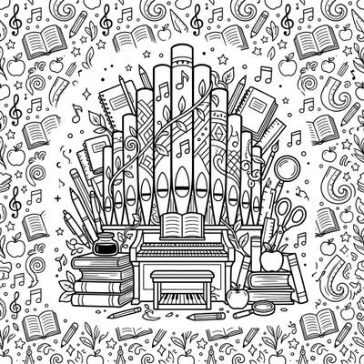 Celebrate the return to school with this unique coloring page blending the grandeur of organ pipes with classic academic symbols. Discover a detailed scene filled with books, apples, and musical notes, perfect for inspiring creativity.