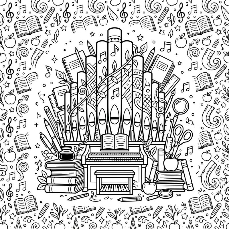 Celebrate the return to school with this unique coloring page blending the grandeur of organ pipes with classic academic symbols. Discover a detailed scene filled with books, apples, and musical notes, perfect for inspiring creativity.