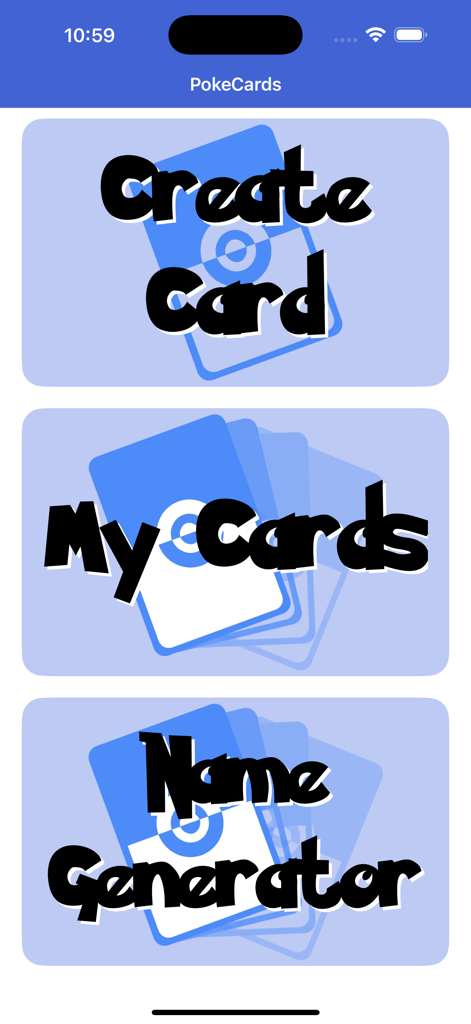 PokeCards TCG Card Maker Live - The home screen of PokeCards TCG Card Maker showing options to create cards, view saved cards, and generate names.
