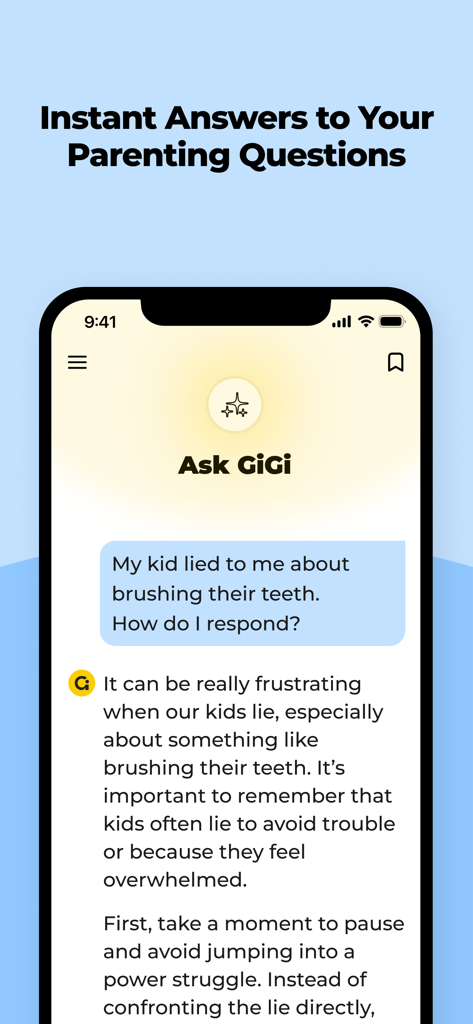 Good Inside: Parenting - Mobile app screen showing the Ask GiGi chatbot providing instant parenting advice on handling kids lying