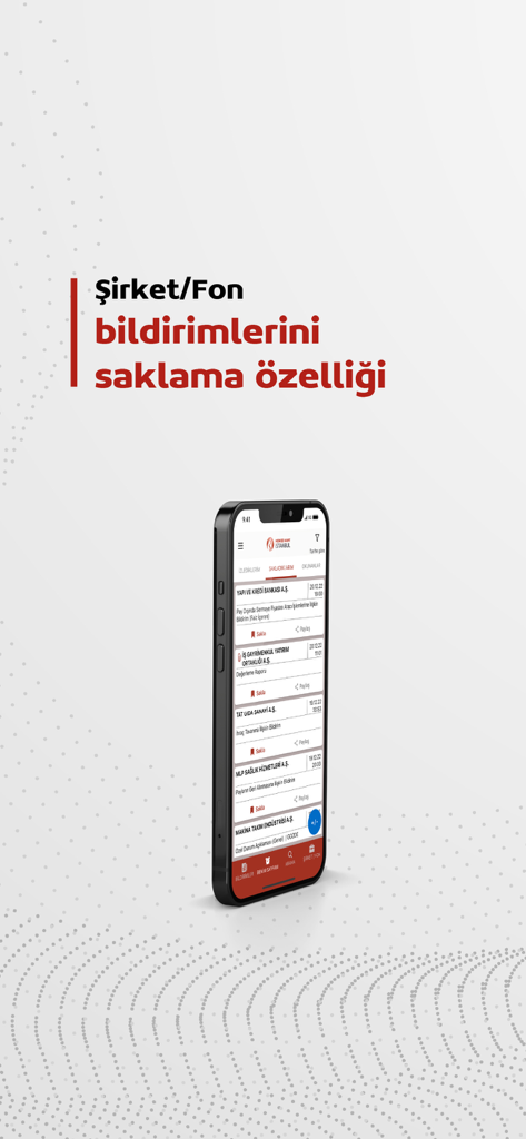 KAP Mobil - A smartphone screen showing the KAP Mobil app interface with a list of Turkish company and fund notifications and a save feature.