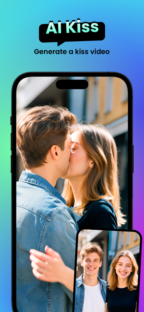 Smartphone screen displaying the SnapMe AI Kiss feature generating a romantic video from two portraits