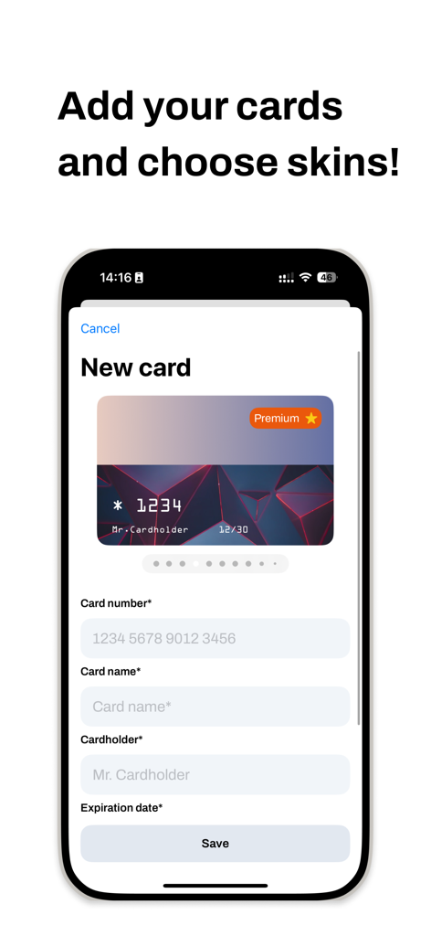 Card Holder: Wallet & Loyalty - Interface of Card Holder app showing the screen to add a new card with a customizable premium skin