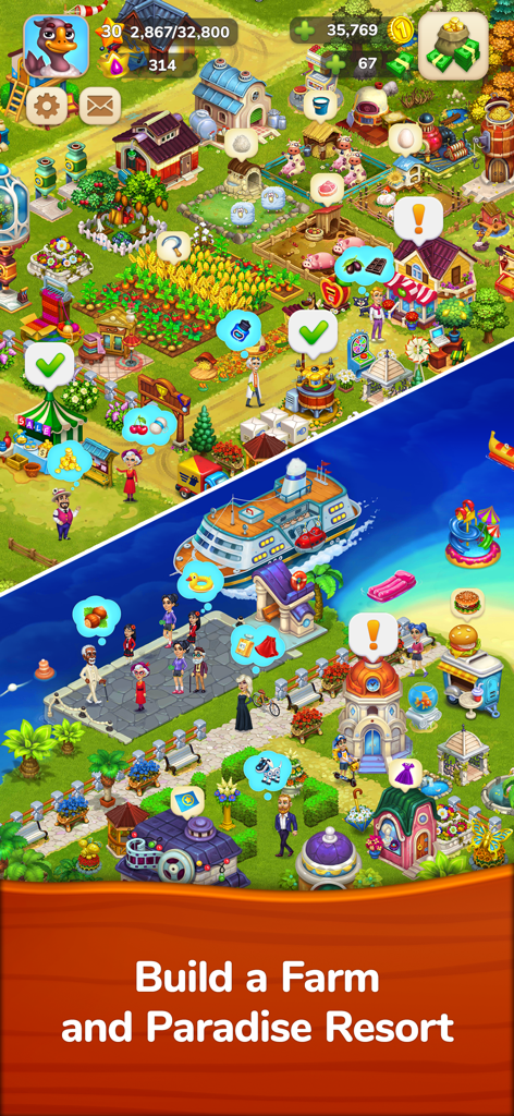 Farmington – Farm game - Captura de pantalla de la jugabilidad de Farmington que muestra una granja bulliciosa y un resort paradisíaco junto al mar