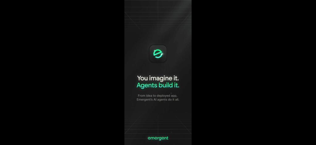 Emergent AI: Vibe Code Apps - Pantalla de inicio de la aplicación Emergent AI con el lema Tú lo imaginas. Los agentes lo construyen.