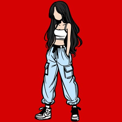 girl in baggy pants crop top and long hair