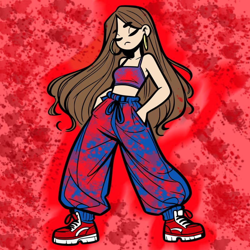 girl in baggy pants crop top and long hair