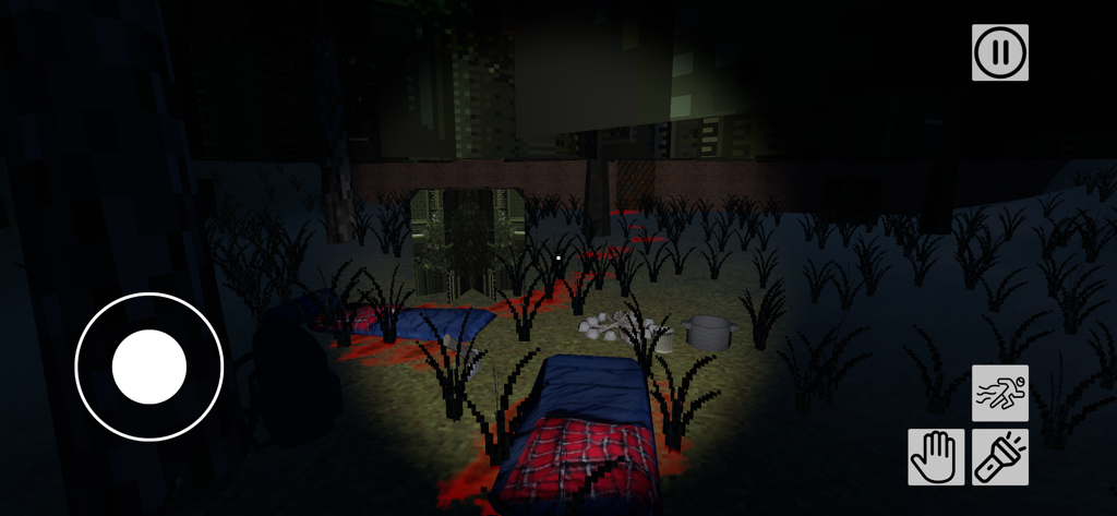 Haunted House: Escape Room - Une scène de camping sombre et pixellisée avec des taches de sang sur le sol et des contrôles de jeu dans Maison Hantée : Escape Game.