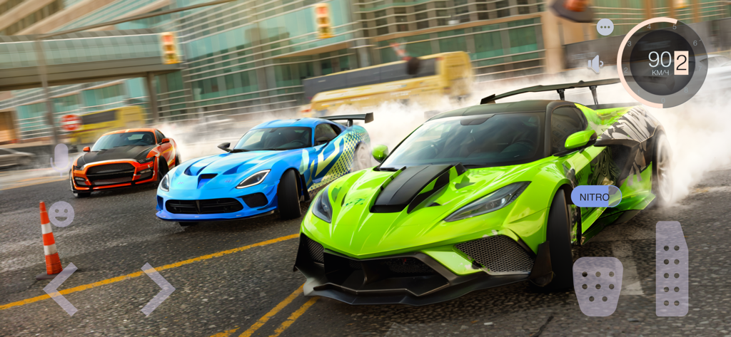 Three customized sports cars drifting on a city street in a multiplayer racing game.