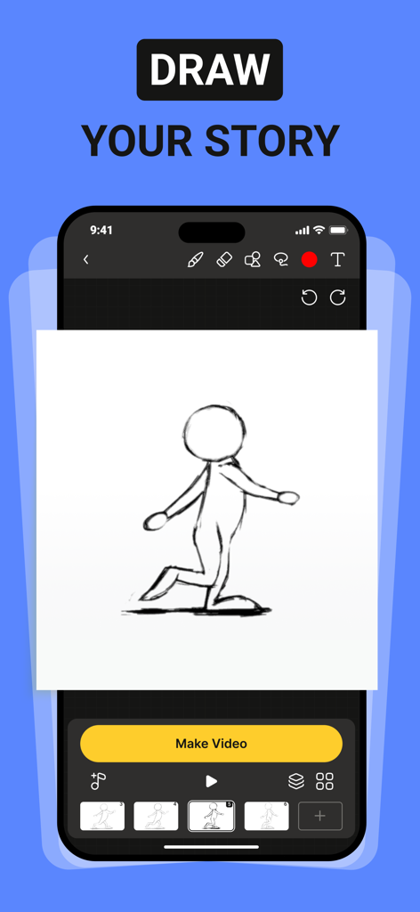 Interface of the FlipArtify app showing a hand-drawn character being animated with a make video button.