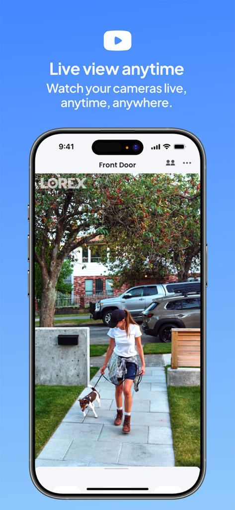 Lorex Classic App-Oberfläche, die eine hochauflösende Live-Überwachungskameraaufnahme einer Haustür zeigt