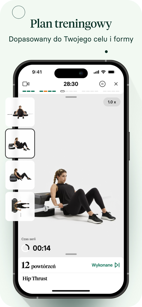 Respo: Dieta i Licznik kalorii - Respo app interface showing a personalized workout plan and a woman performing a hip thrust exercise