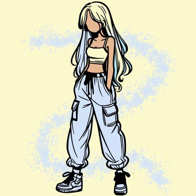 girl in baggy pants crop top and long hair