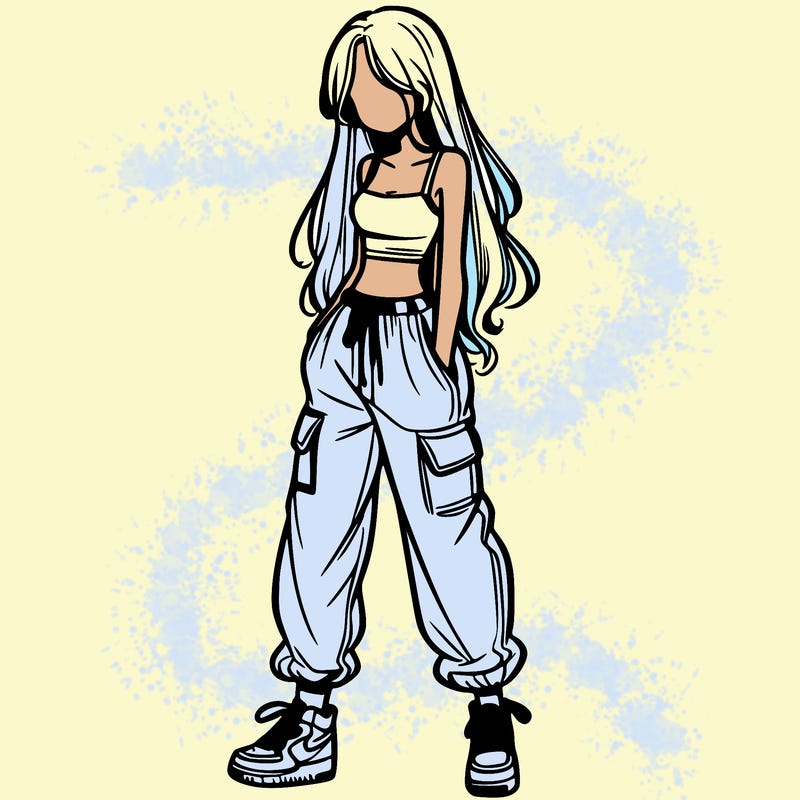 girl in baggy pants crop top and long hair
