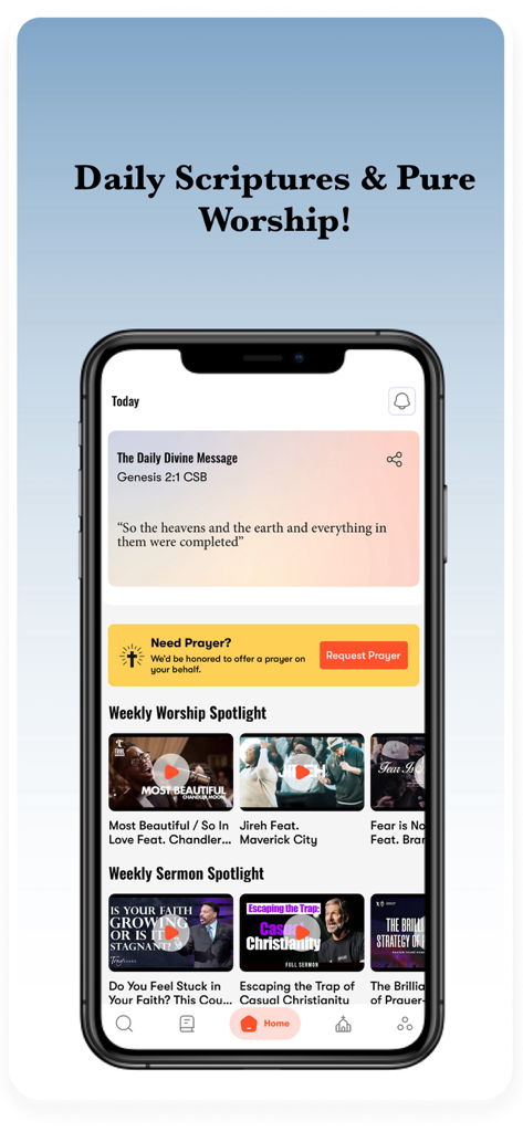 Bible Chat: Kingdom Connect - Tela inicial do aplicativo Bible Chat mostrando escritura diária de Gênesis, uma seção de pedidos de oração e vídeos de música de louvor.