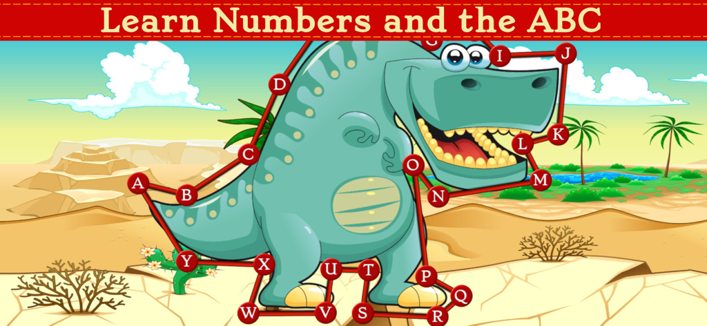 Dinosaur Dots Connect for kids - A green cartoon dinosaur puzzle being completed by connecting dots labeled with alphabet letters in a desert setting.