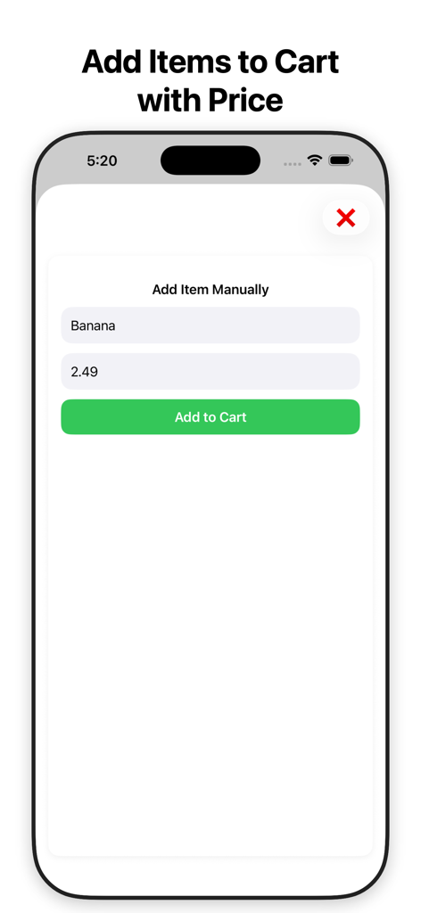 USmartCart - Pantalla de la aplicación USmartCart para la entrada manual de artículos de comestibles con precio.
