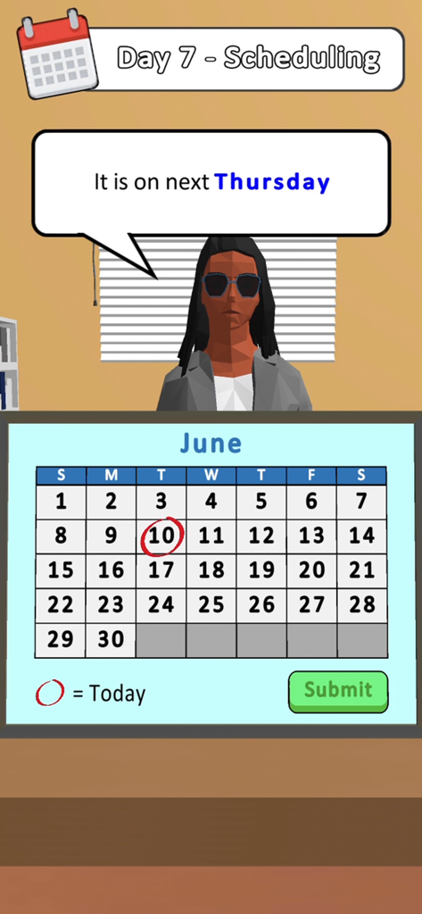 Hiring Job 3D - A 3D simulation game screen showing a character requesting an appointment on next Thursday with an interactive June calendar for the player to select the date.