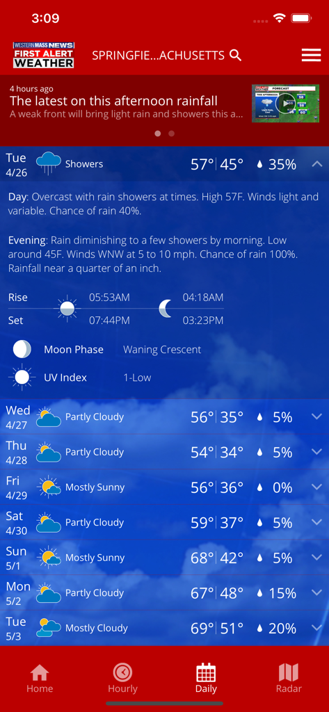 Western Mass News Weather - Western Mass News Weather app displaying a daily and 7-day forecast for Springfield Massachusetts