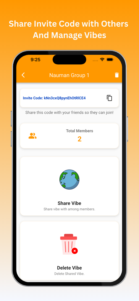 WeweVibe - Local Vibe Finder - Mobile interface of the WeweVibe app showing a group invite code and options to share or delete vibes.