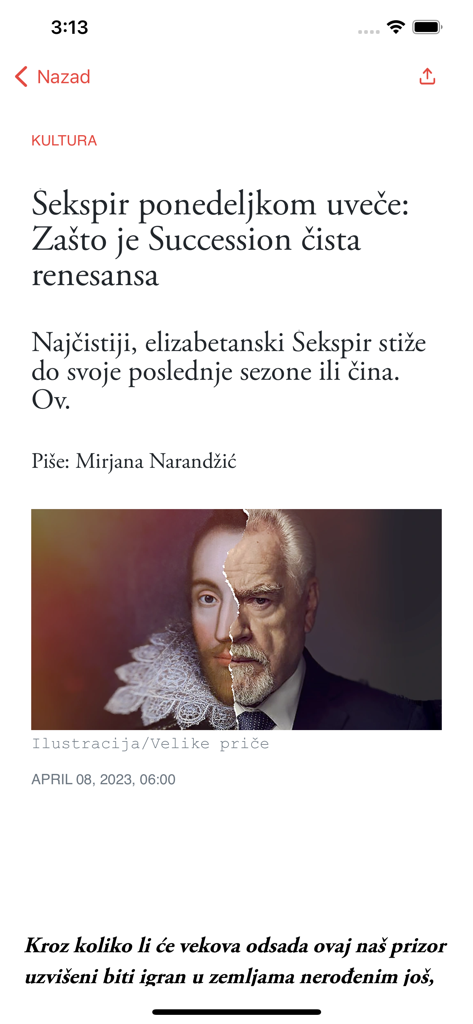 Artículo de cultura en la aplicación Velike price comparando la serie de televisión Succession con Shakespeare
