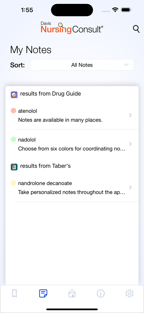 Pantalla de la aplicación Davis Nursing Consult que muestra notas clínicas y referencias de guías de medicamentos personalizadas y codificadas por colores.