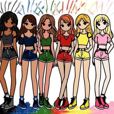 a group of girls wearing crop tops and shorts