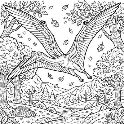 Unleash your creativity with this incredible coloring page featuring a Quetzalcoatlus pterosaur soaring gracefully through a beautiful autumn landscape. Perfect for dinosaur and nature enthusiasts alike, ready for a touch of fall color.