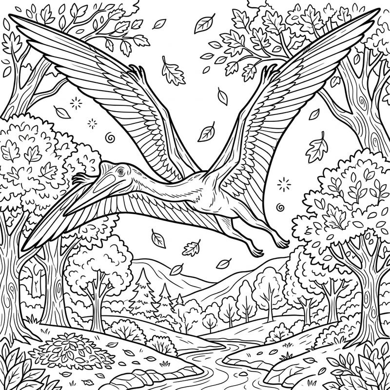 Unleash your creativity with this incredible coloring page featuring a Quetzalcoatlus pterosaur soaring gracefully through a beautiful autumn landscape. Perfect for dinosaur and nature enthusiasts alike, ready for a touch of fall color.