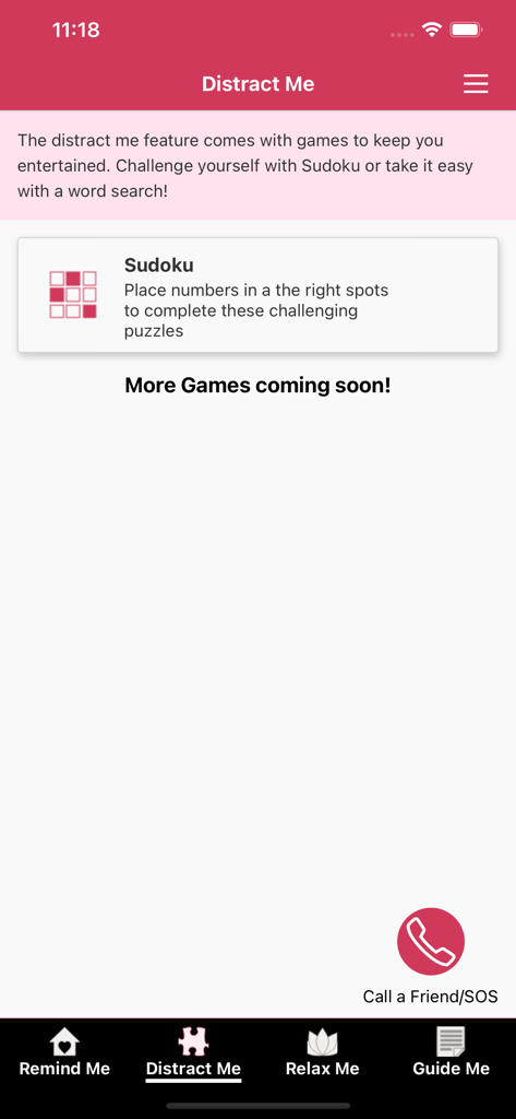 Virtual Hope Box (new) - The Distract Me section of the Virtual Hope Box app featuring a Sudoku game and an SOS call button