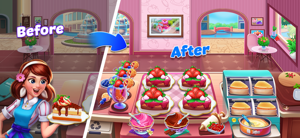 Food Voyage: Fun Cooking Game - Food Voyageのレストラン内装リフォームのビフォーアフター比較