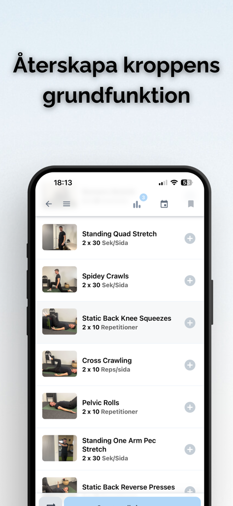 Cleer App - Smartphone screen showing a list of postural exercises in the Cleer App to restore body function.