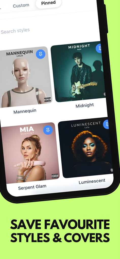 Uma coleção de estilos de capa de álbum fixados no aplicativo Gerador de Capas de Álbum com IA, incluindo designs com estética de Mannequin e Midnight.