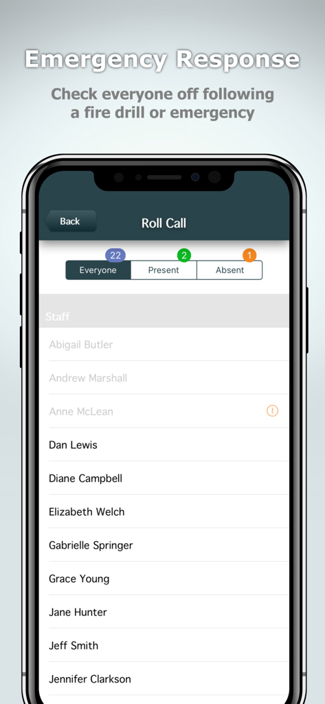 Emergency roll call screen on a mobile app showing a list of staff members marked as present or absent for safety tracking