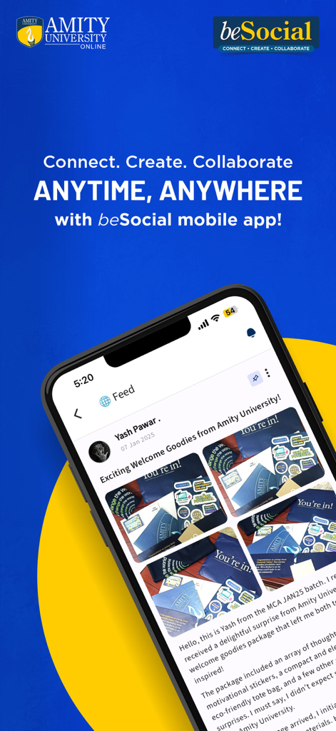 beSocial at Amity Online - A smartphone showing the beSocial app feed with a student post about university welcome goodies