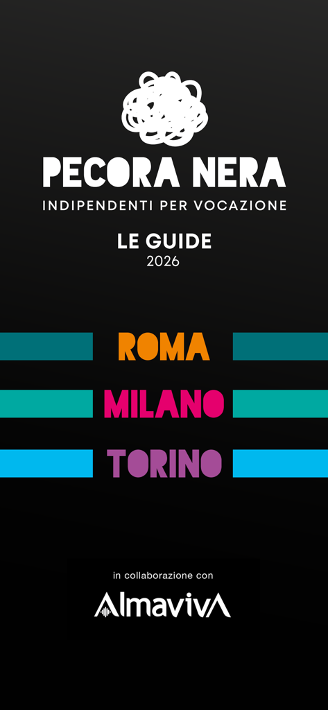 Pecora Nera - 페코라 네라 앱 스플래시 화면, 로마, 밀란, 토리노 2026 음식 가이드 표시