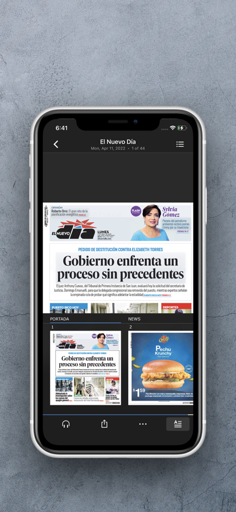 El Nuevo Día ePaper - Pantalla de teléfono inteligente de la aplicación El Nuevo Día ePaper con titulares de noticias de Puerto Rico.