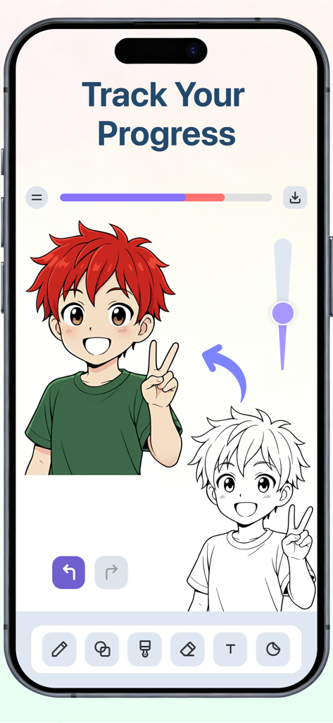 Drawing Desk: Sketch Paint Art - Interface de l'application Drawing Desk montrant une illustration de personnage d'anime et une barre de suivi de progression