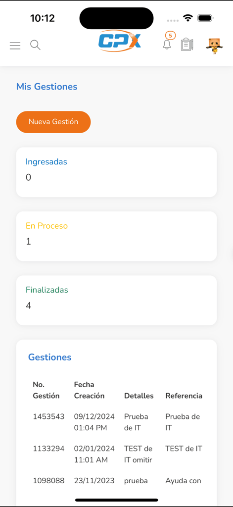 CPX APP - Shipment tracking dashboard in the CPX app showing package statuses and management details